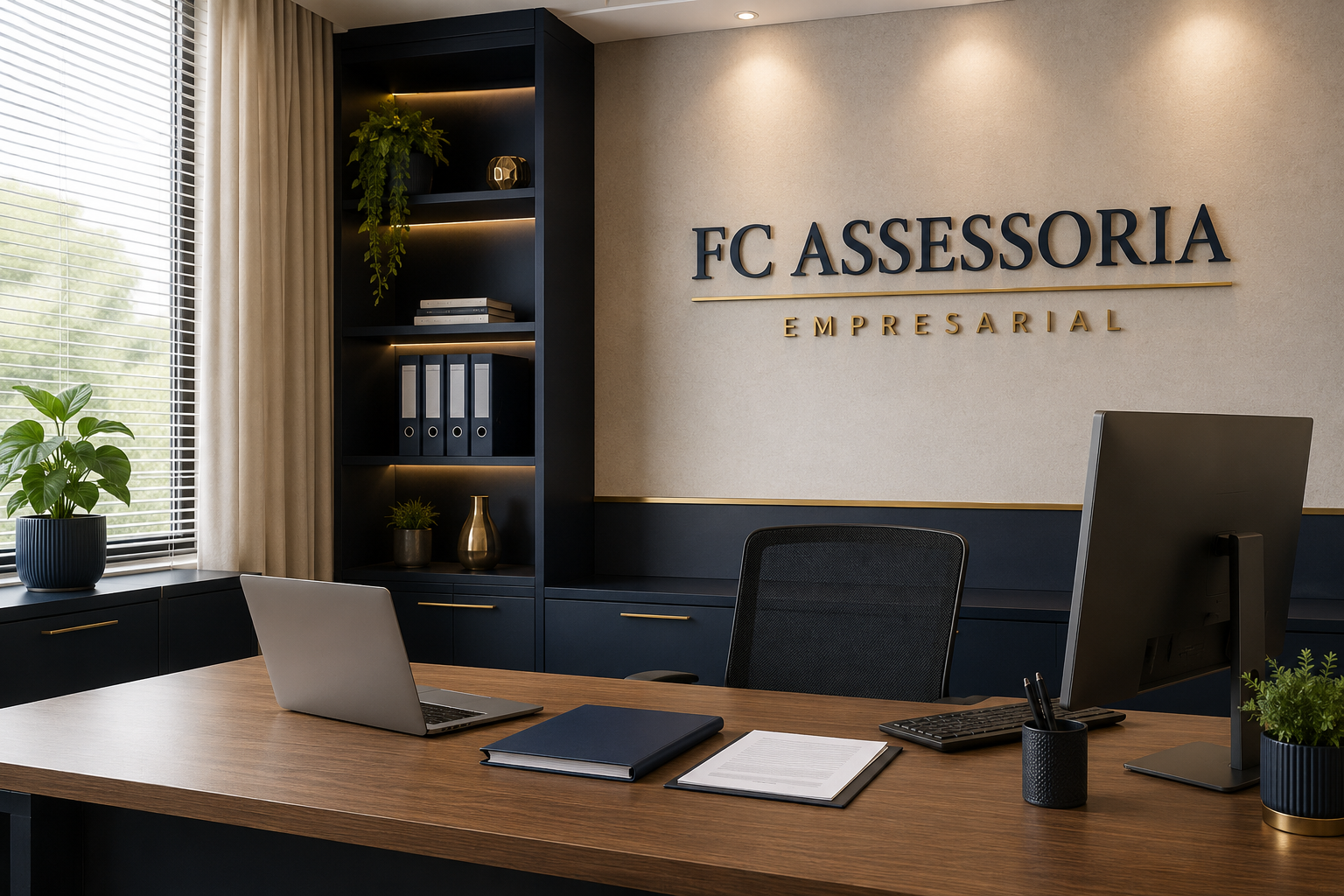 Escritório elegante com mesa, computador e a marca FC Assessoria Empresarial na parede